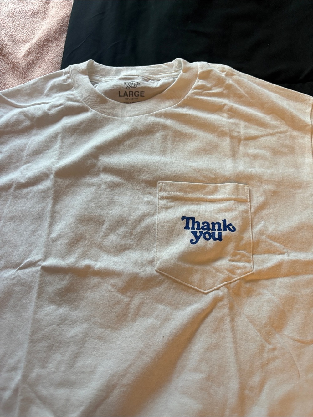 Large White Short Sleeve Pocket Tee with Blue "Thank You" Print